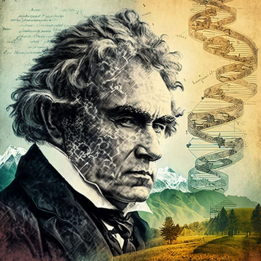 I generated this image based on a headline about DNA From Beethoven’s hair unlocking medical and family secrets.